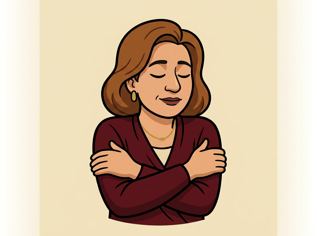 Mena Pauzová-Pixelová — ilustrace 50leté ženy, která se objímá
